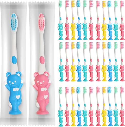 Miniatura 6 de Gisdo 60 cepillos de dientes manuales para niños pequeños envueltos individualmente, cepillo de dientes para niños a partir de 2 años, cepillo de