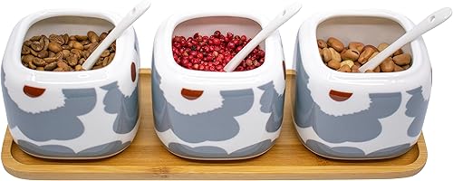 Miniatura 2 de Juego de 3 tarros de especias de cerámica blanca impresa con cucharas y tapas de bambú y bandeja (floral abstracto)