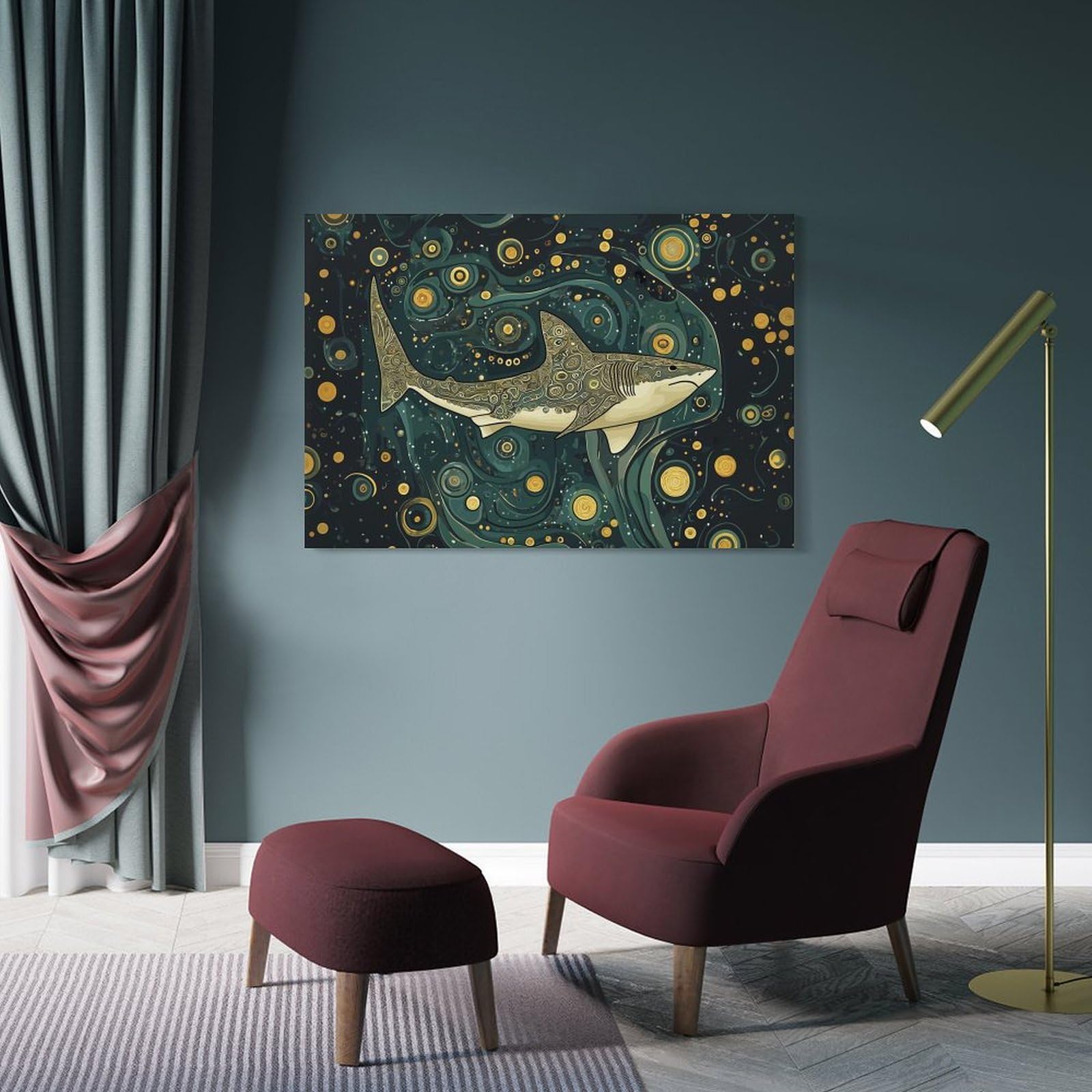 Junmoney Shark in Starry Sea Canvas Wall Art 24x36inch(60x90cm), for Study, Office Or Focused Interiors, Home Office Artwork with Decorative Appeal