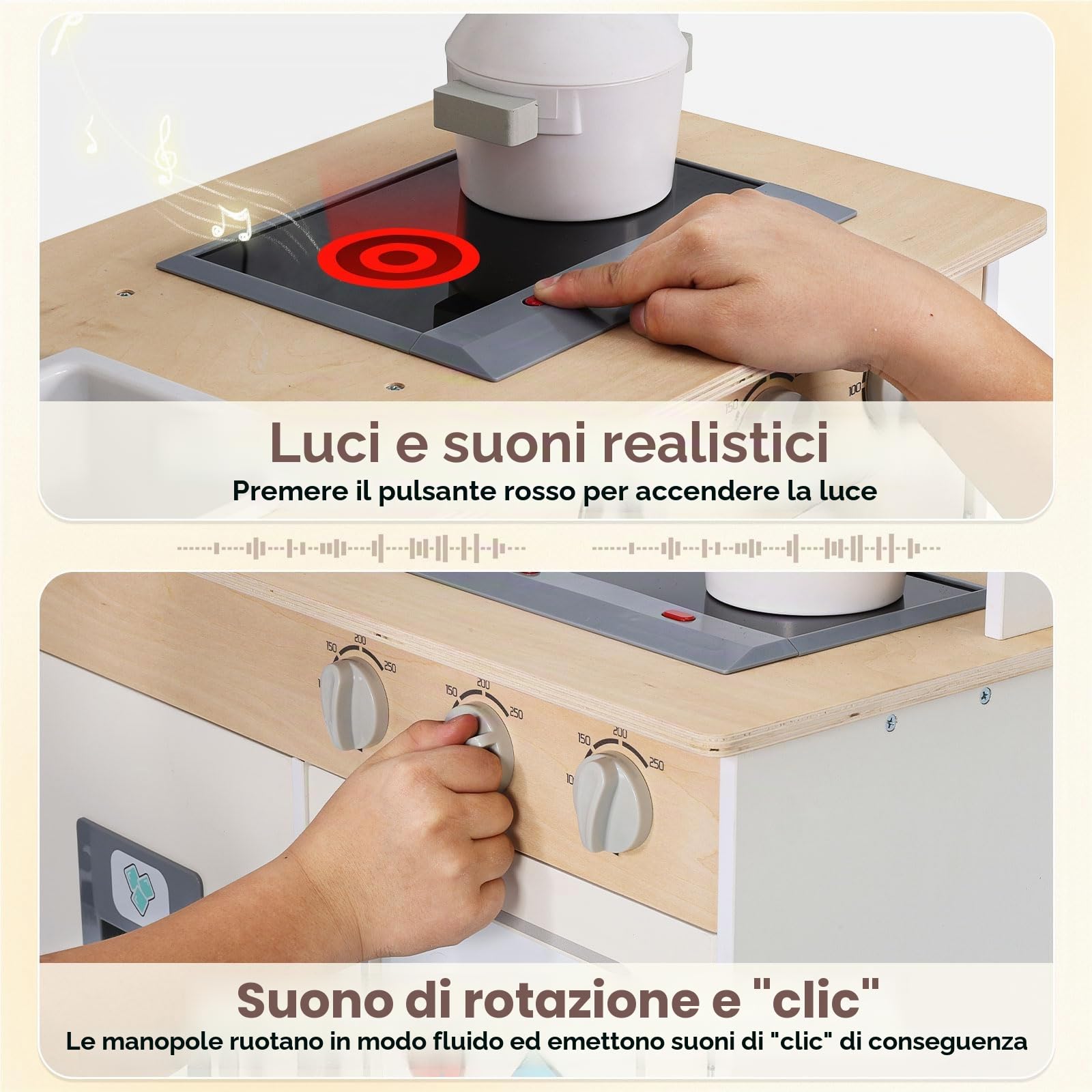 SainSmart Jr. Cucina giocattolo in legno per bambini, color crema, con suoni, microonde e lavello con rubinetto, cucina per bambini con fornello, forno e frigorifero, gioco di ruolo a partire dai 3