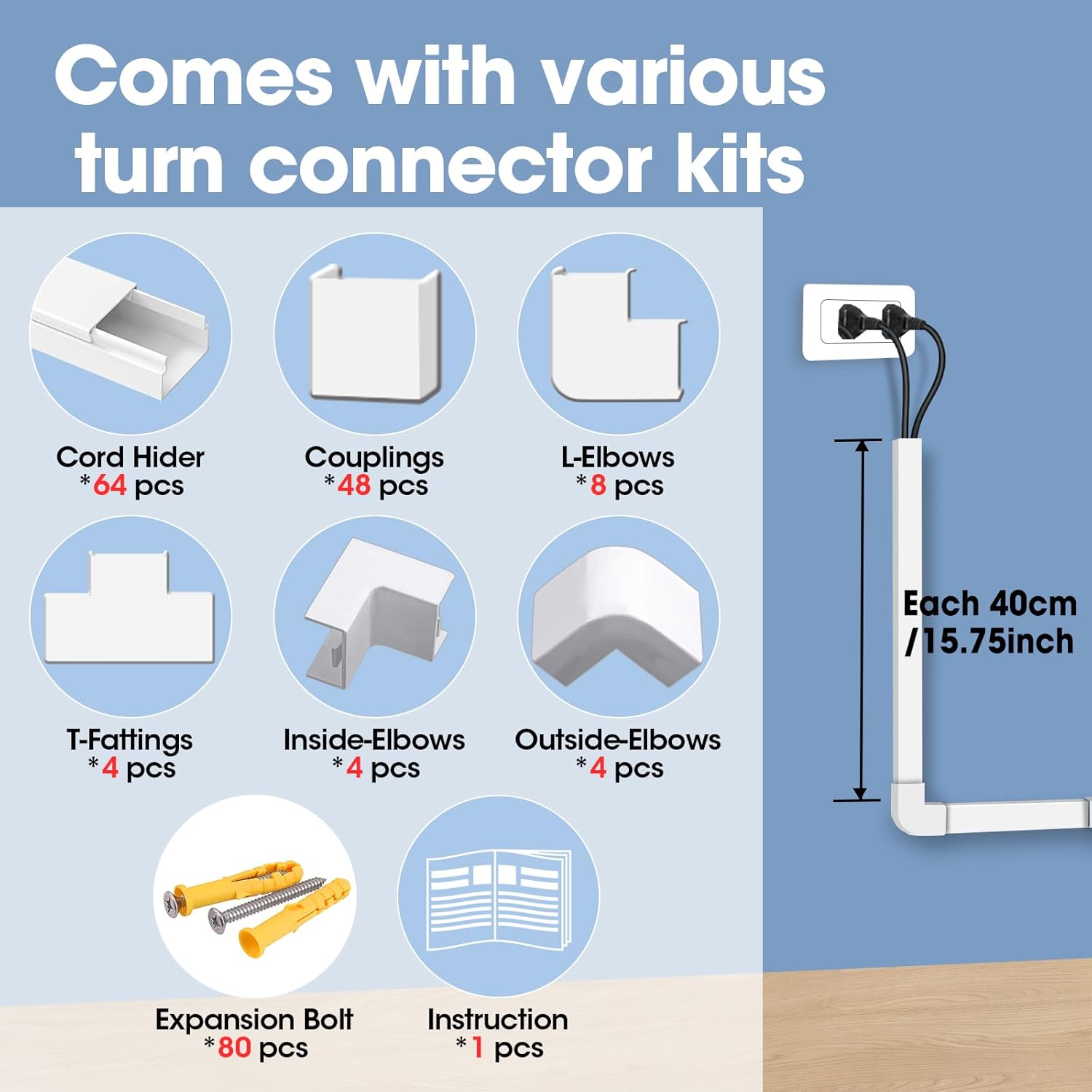 1000in Cord Hider Kit, Cord Covers for Wires on Wall, Paintable Cable Raceway, Cord Hider for Wall Mount tv, tv Cable Hider Wall kit, Wire Covers for Cords, 64X L15.7 X W0.96in X H0.57in, White