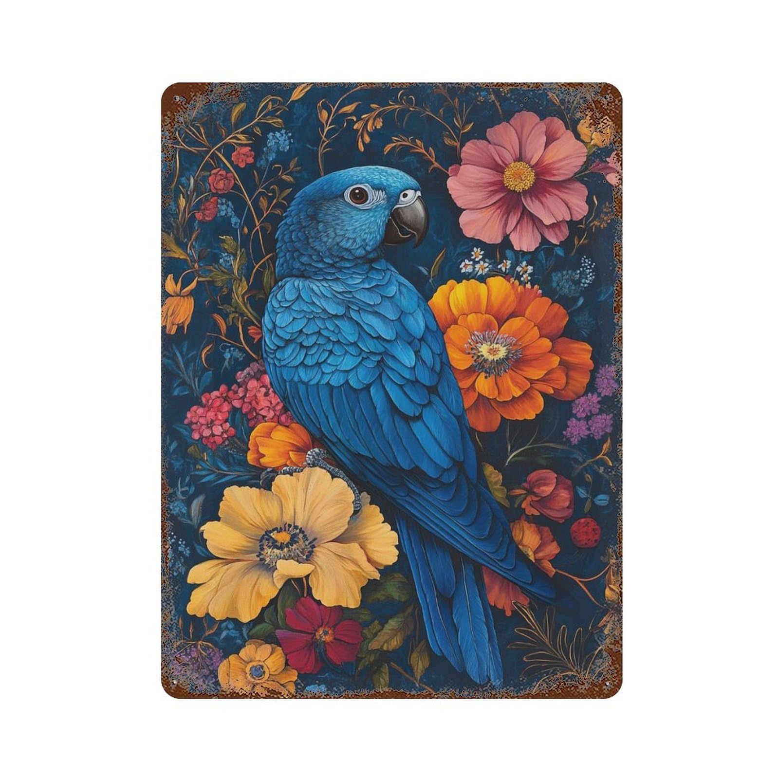 Blue Parrot with Flowers Vintage Wall Sign 15.7"x11.8", Rust Effect Metal Decor for Cafe, Home Bar And Lounge Decor