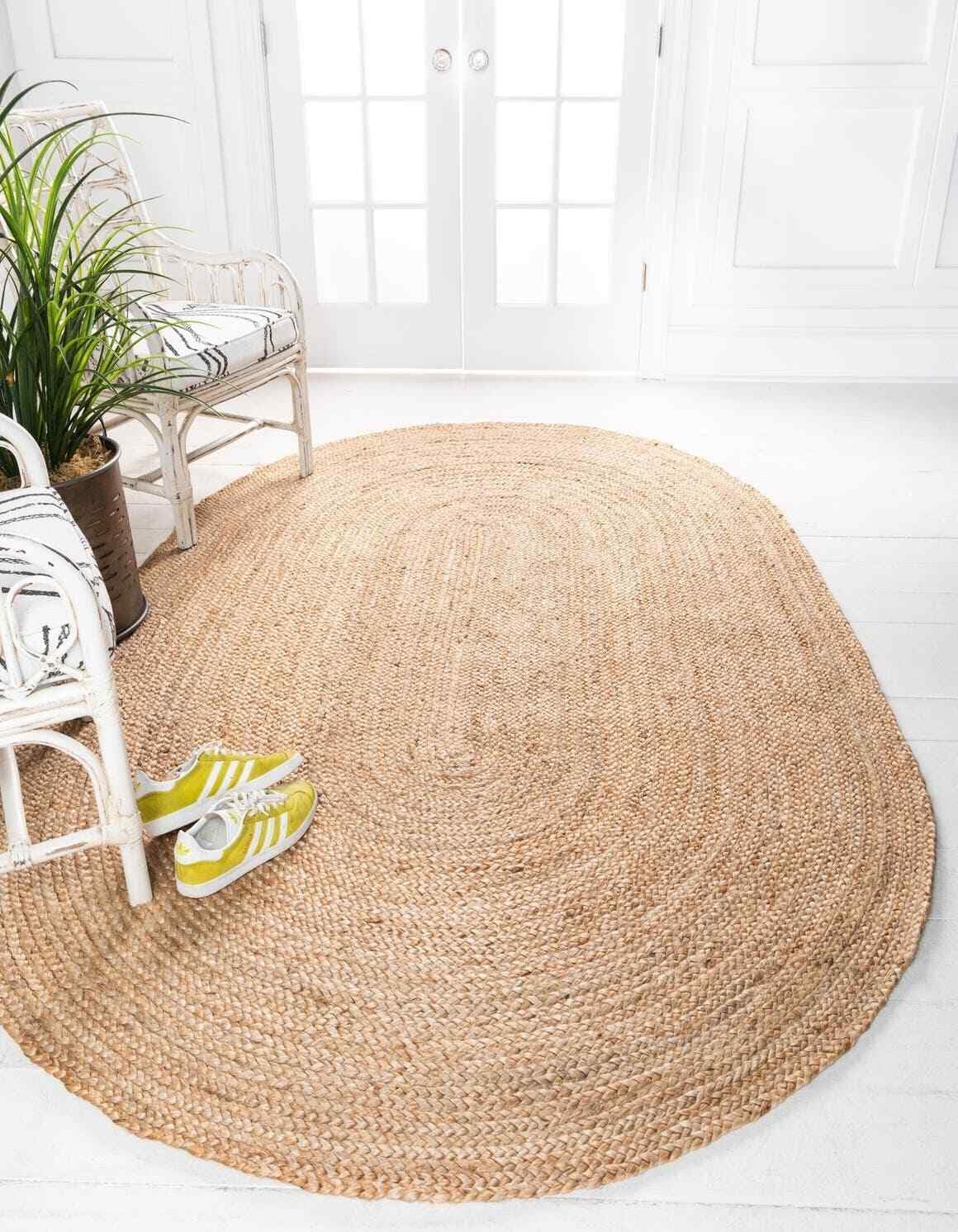 Tapis en jute naturelle tressé, fait à la main, décoration d'intérieur, salle à manger, salon, paillasson ovale (150 cm x 240 cm)
