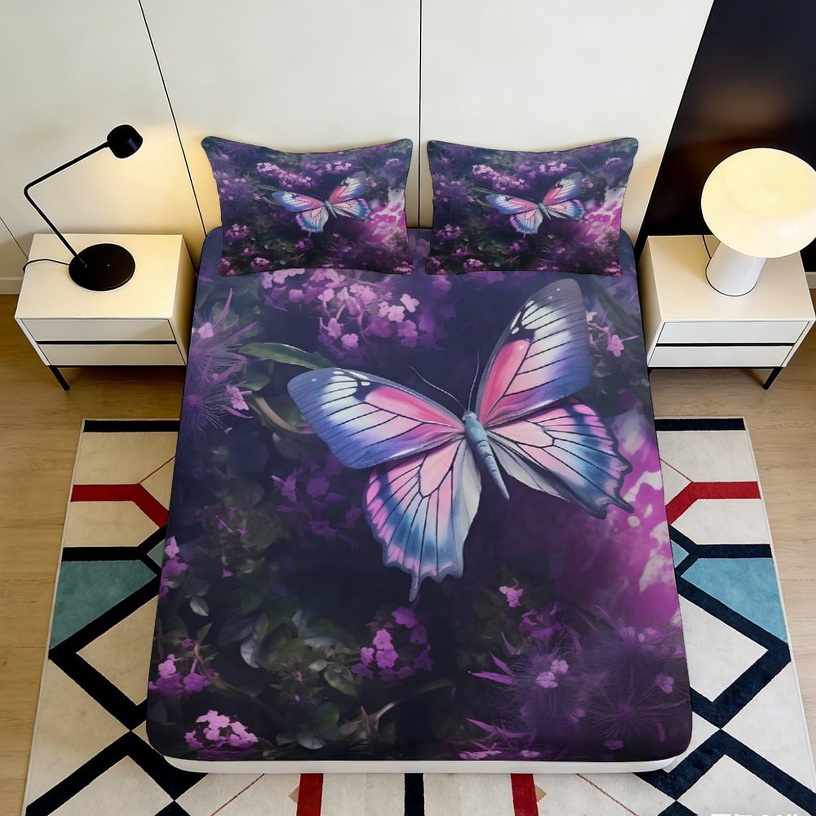 3D Printed Butterfly Fitted Sheet Microfiber Deep Pocket Non-Slip Butterfly Mattress Fitted Cover for Bedroom Adults Teens 200x200x25cm