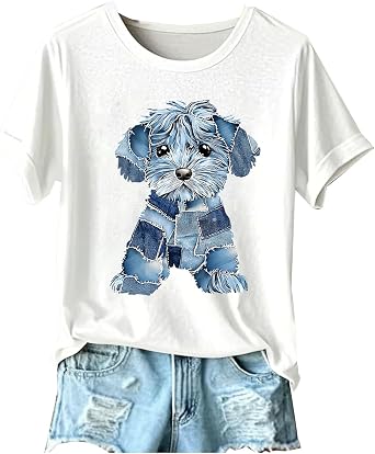 Womens Cute Tops Fashion 3D Teddy Dog Printed Short Sleeves Classic Crewneck Loose Comfy Stretchy Casual T-Shirts