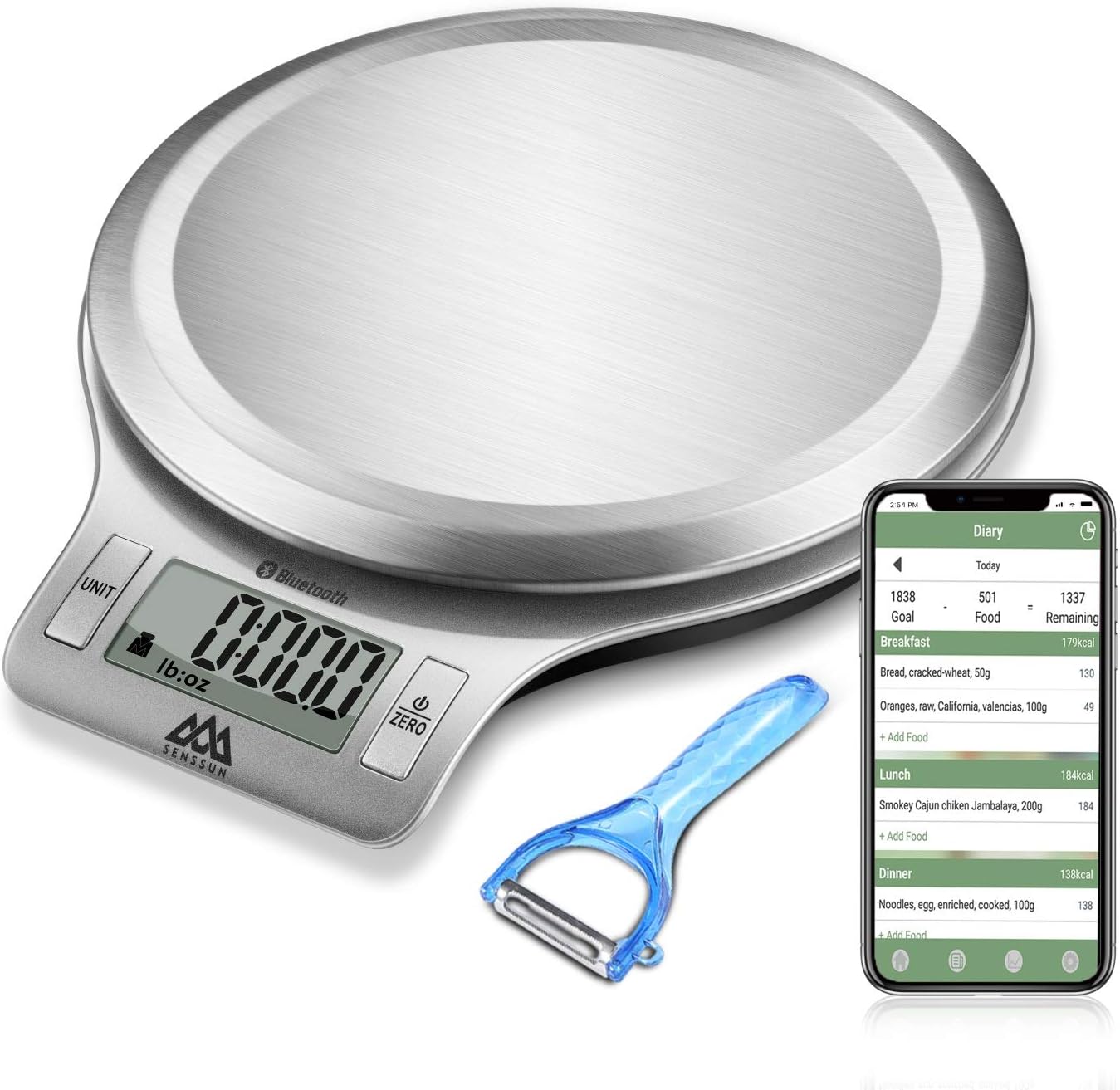 Senssun Nourish Digital Kitchen Food Scale with Vegetable Peeler - Smart Nutrition Scale with App, Tracking Calories Intake, Bluetooth（Silver）