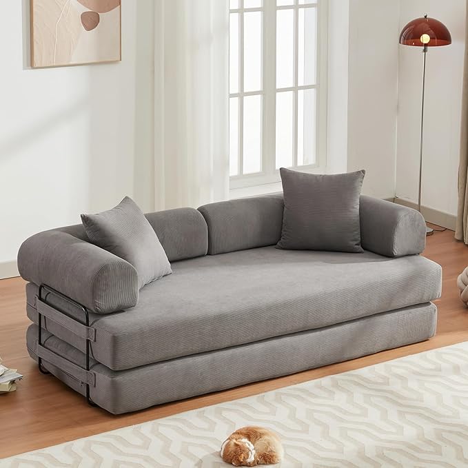 Convertible Folding Sofa Bed, Modular Floor Sofa with Removable Backrest, 3-Seater Fold Out Couch Bed with Pillows, King Size Futon Lazy Couch Corduroy Sleeper for Living Room, Dorm, Grey