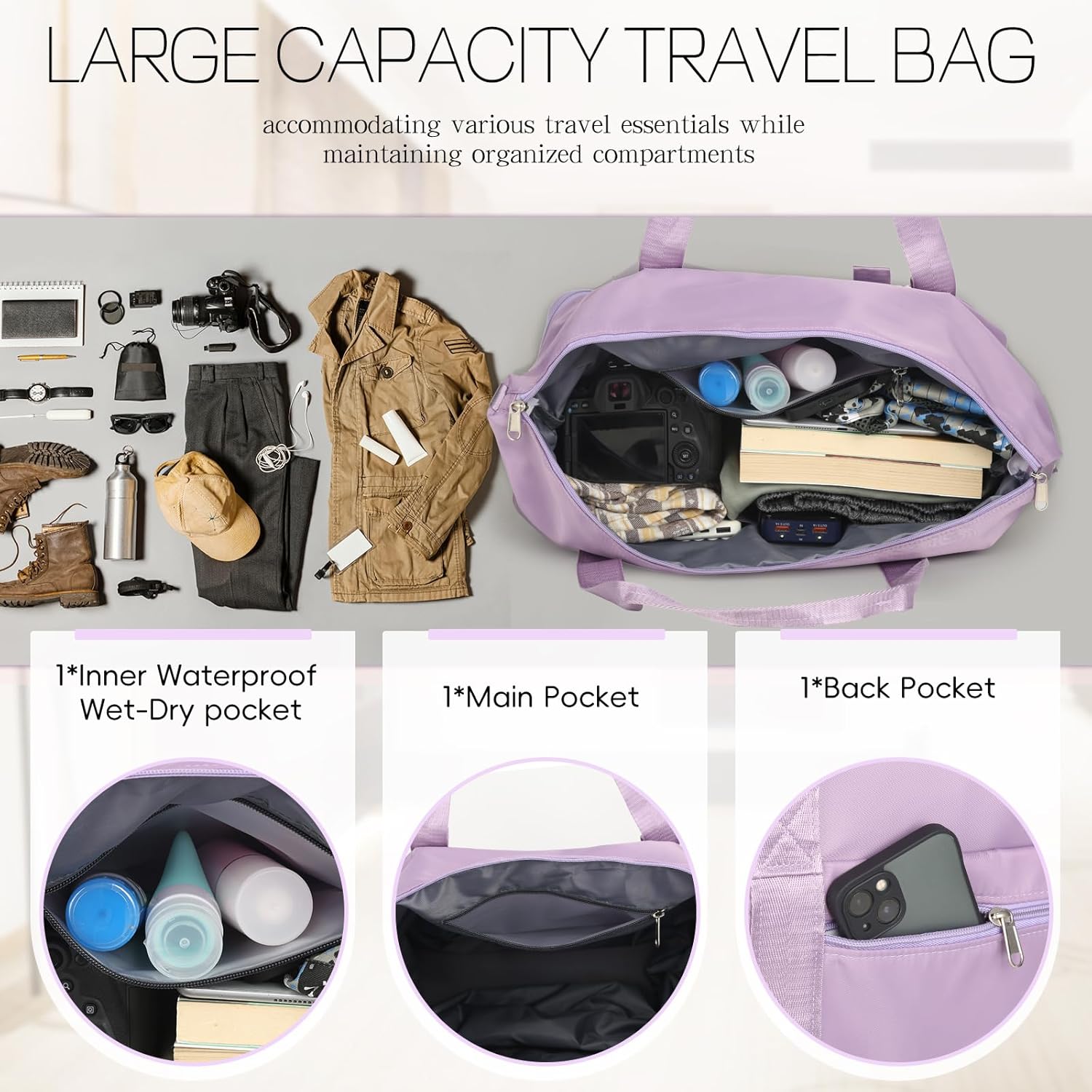 VOOWO Duffel Bag with Wheels - Rolling Foldable Expandable Duffle Bag with Wheels for Travel, Rolling Luggage Bag Carry On Travel Bag with Wheels, Large Wheeled Overnight Weekender Bag (Light Purple) - Image 3