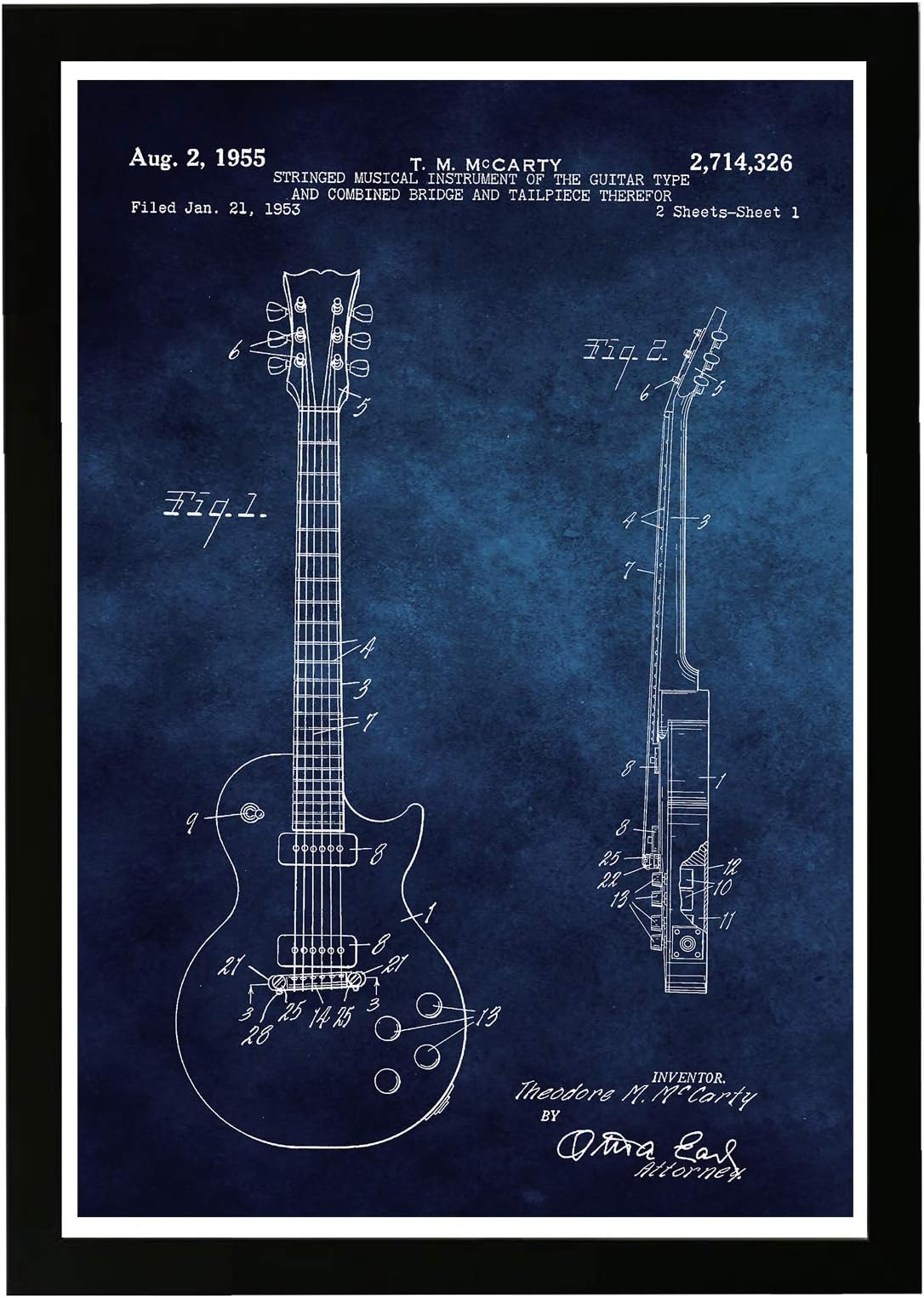 Guitar Framed Wall Art Painting Photography Patent Print 'Gibson Les Paul guitar 1955 Chalkboard' Band Room Home Dรฉcor Gifts for Musicians, Blueprint, 13x19, Blue, White