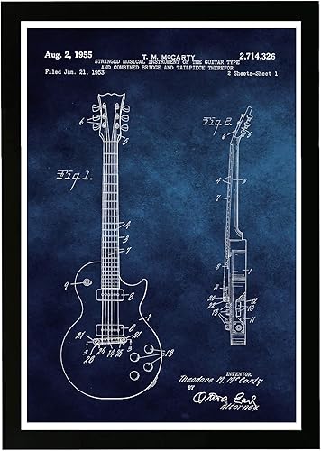 Pintura artística enmarcada con guitarra, fotografía, impresión de patente 'Gibson Les Paul guitar 1955 Chalkboard', banda, habitación, decoración