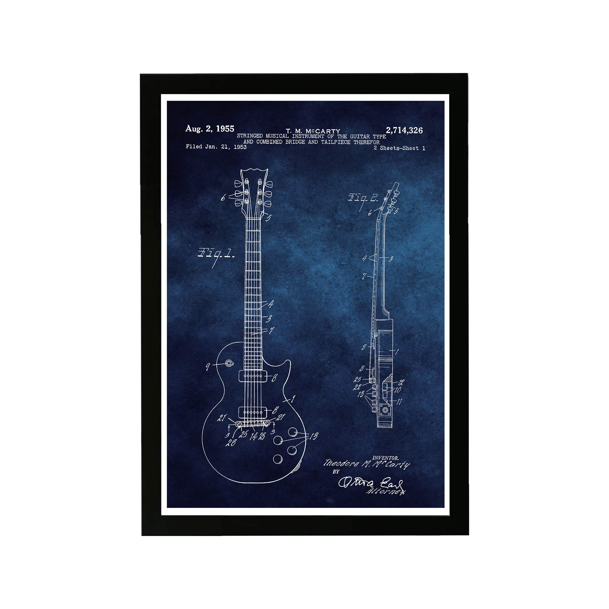 Guitar Framed Wall Art Painting Photography Patent Print 'Gibson Les Paul guitar 1955 Chalkboard' Band Room Home Décor Gifts for Musicians, Blueprint, 13x19, Blue, White