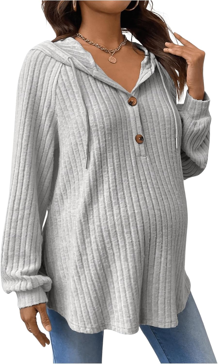 MakeMeChic Women's Maternity Sweatshirt Drawstring Button Long Sleeve Knitted Hoodie Pullover Sweater Pregnancy Tops