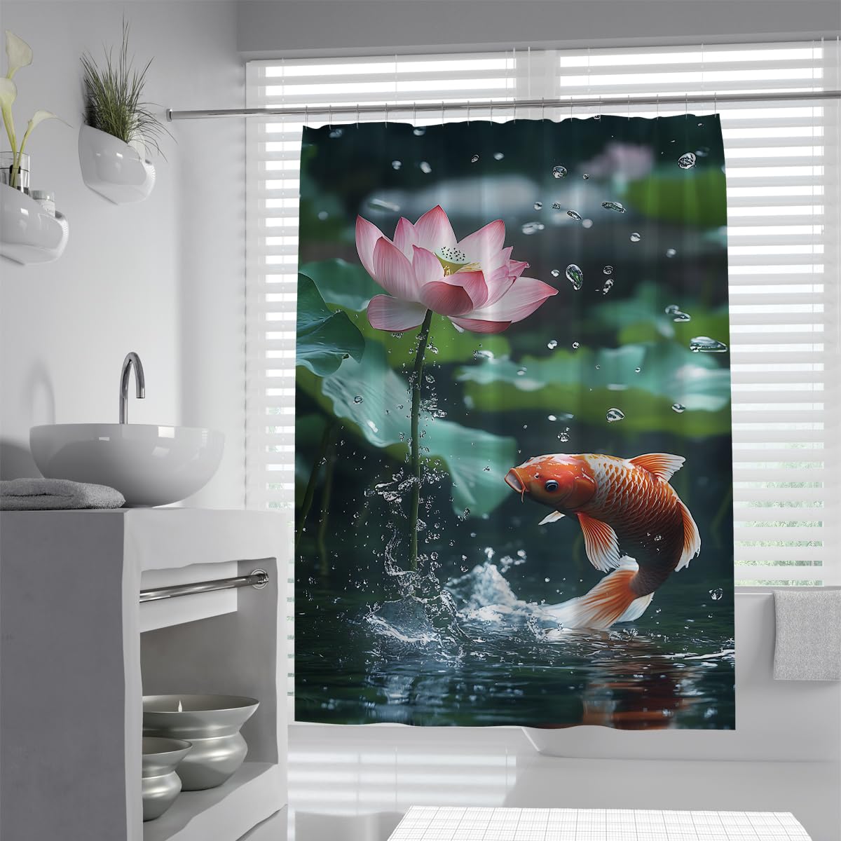 Uiringart Shower Curtains Splashing Nishikigoi Bath Curtain W100xl200cm Blooming Nelumbo Pink Petals Raindrops Environment Mold Resistant Quick Dry Washable Bathroom Curtains For Bathtub With Hooks