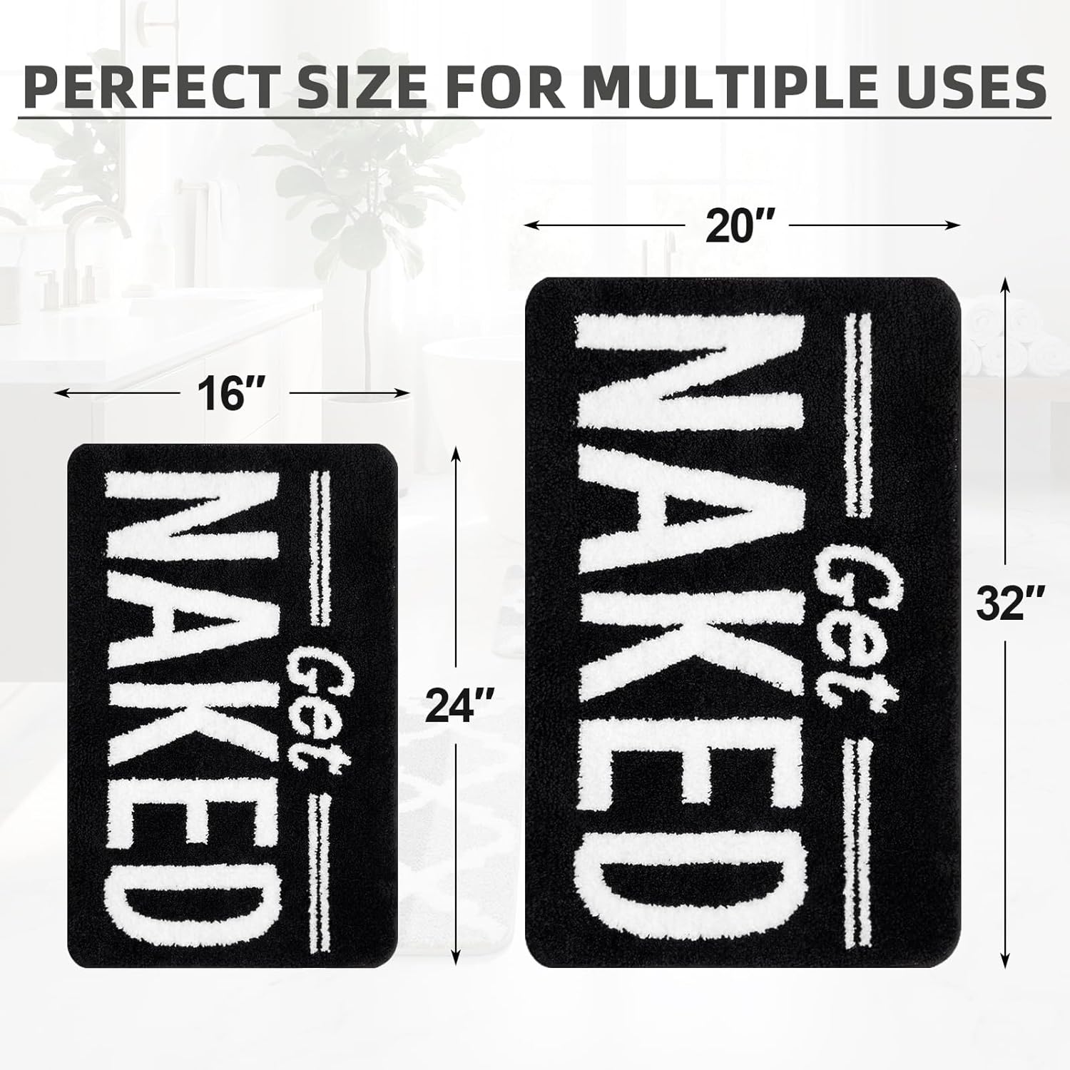 Arttown Get Naked Black Bathroom Rug Set 2 Piece Fluffy Microfiber Non-Slip Water Absorbent Bath Mat Soft Washable Floor Rug for Tub Showers Laundry Room Decor (16"x24"+20"x32")