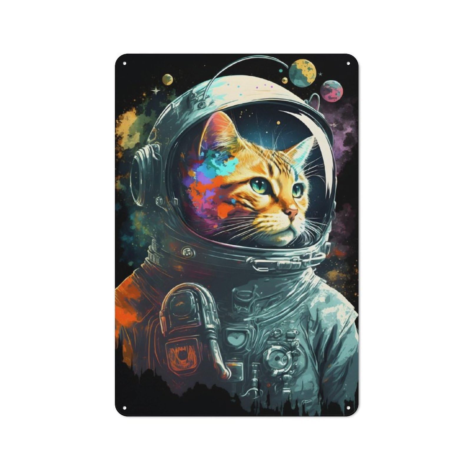 Metal Wall Sign 30x20cm Featuring Cat Astronaut for Garage Or Workshop, Suited to Workshop Owners