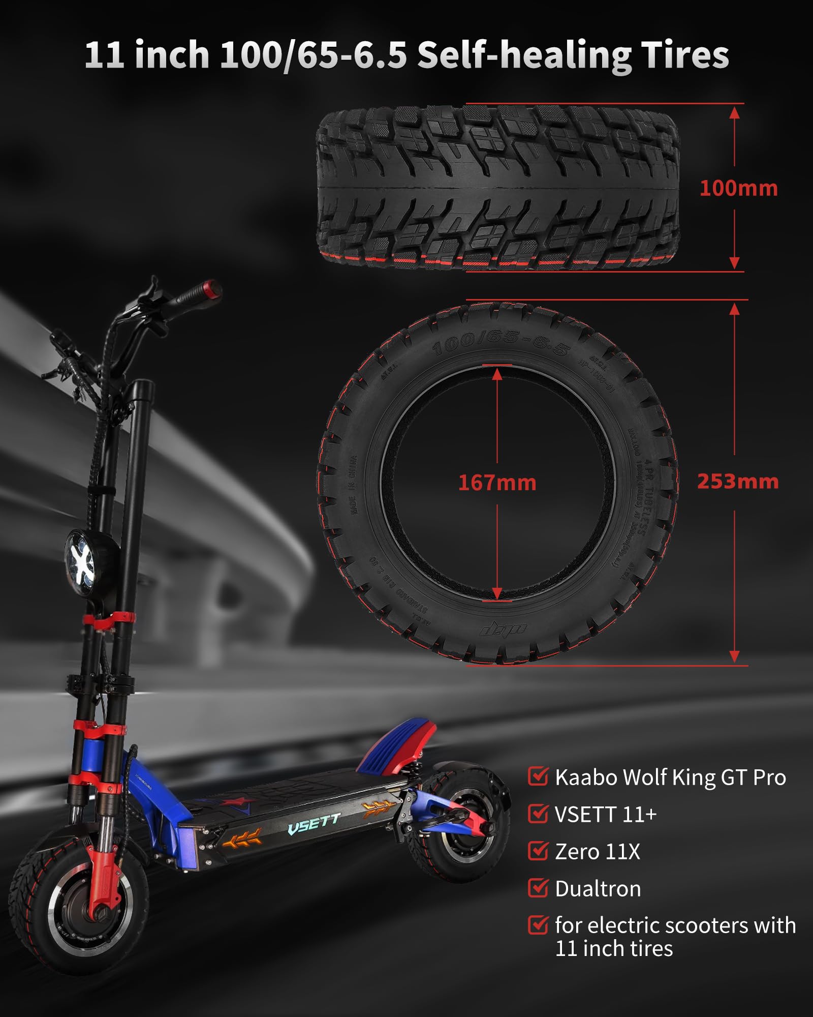 100 65-6 5 Off-Road Tubeless Tire for VSETT 11 Zero 11X Dualtron for 11 Inch Electric Scooter Accessories — view 4