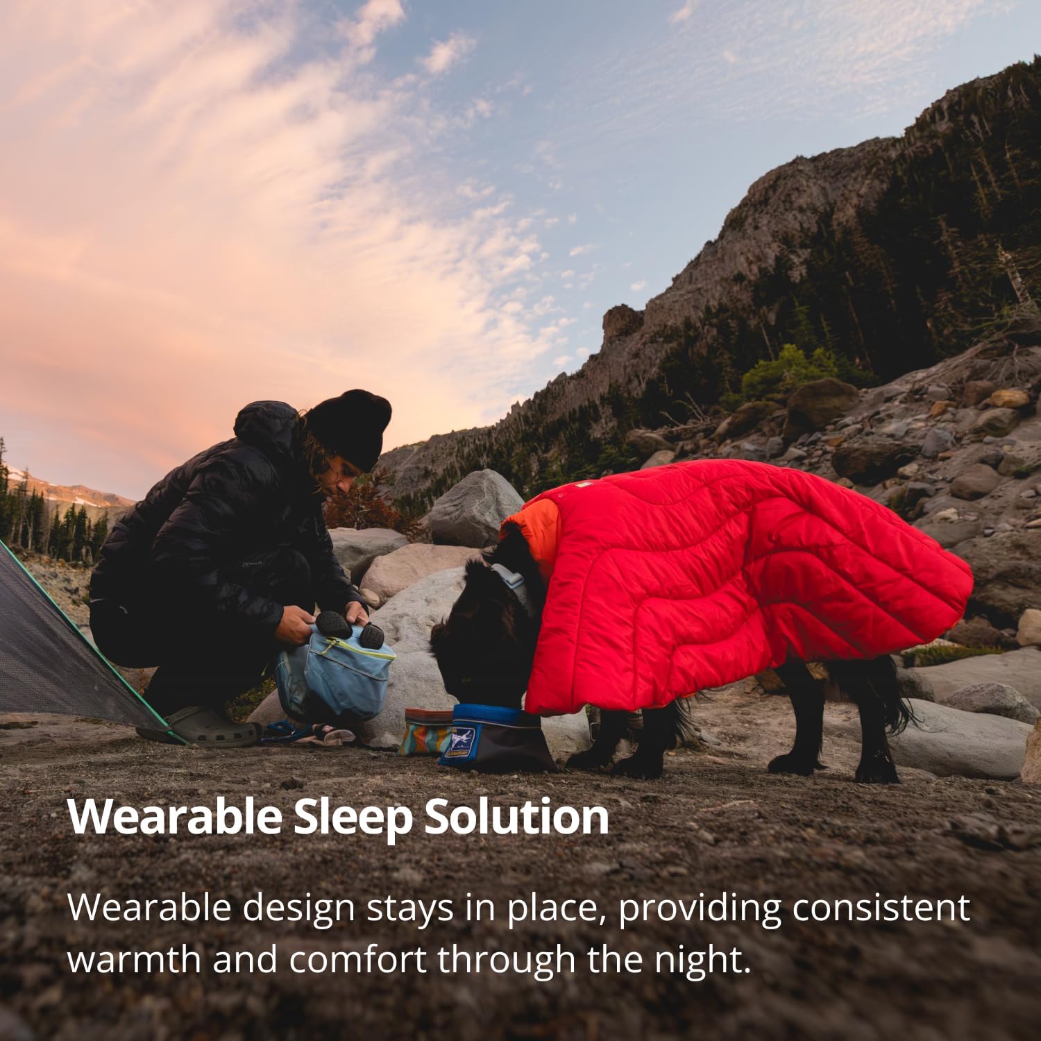 Ruffwear, Palisades Dog Sleep Poncho, Packable Insulated Wearable Sleeping Bag for Dogs, EcoLoft Renew Flex Warmth, Insulated Neck Baffle with Adjustable Stretch Leg Loops, Red Currant, Medium