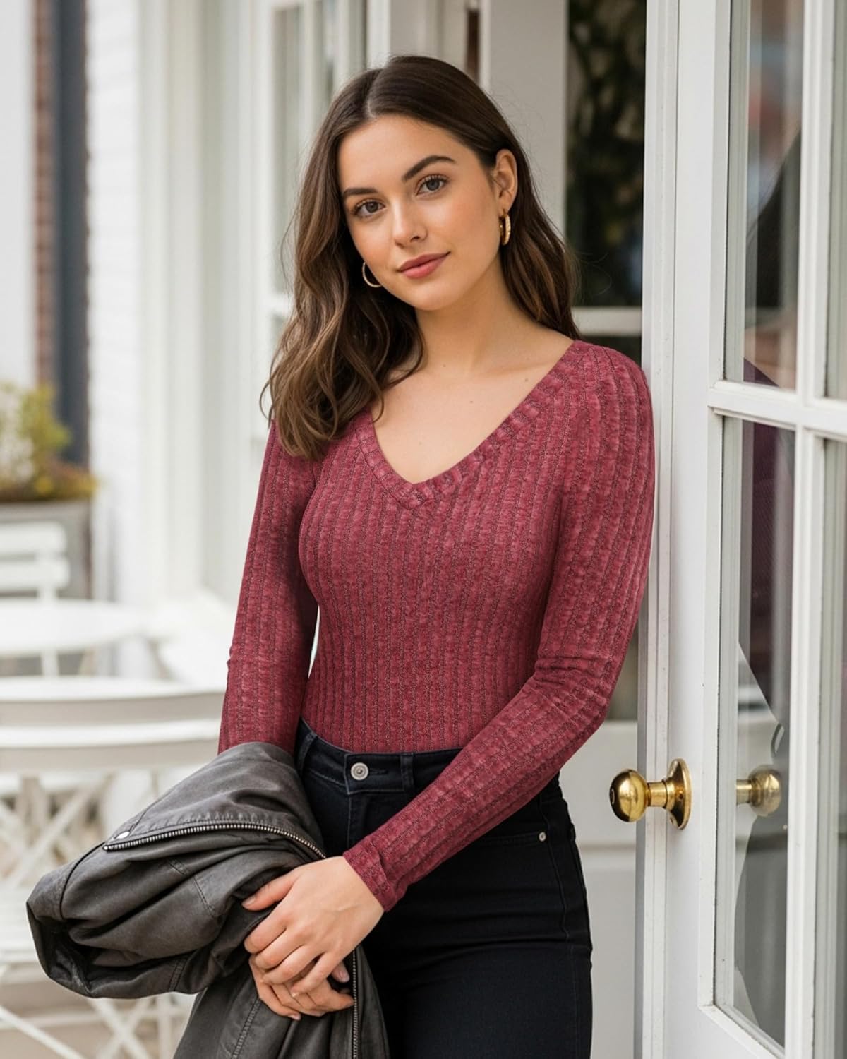 MANGOPOP Women's V Neck Long Sleeve Bodysuit Sweater Slim Fitted Body Suit Thermal Fleece Ribbed Knit Fall Tops 2025 (Burgundy,Medium) - Image 5