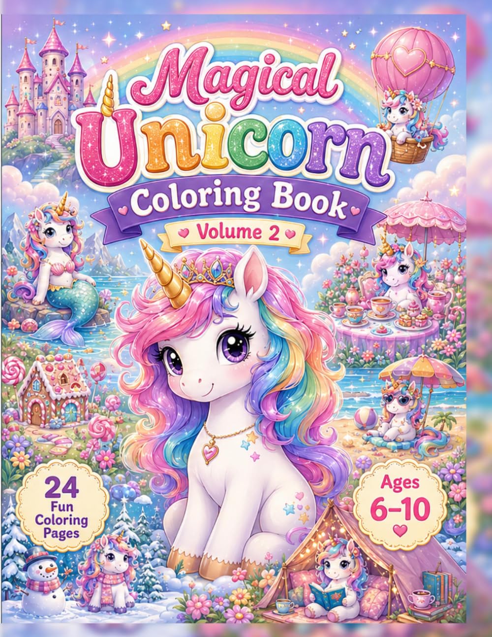 Cute Unicorn Coloring Book: 24 Cute and Easy Unicorn Pages with Mermaid, Candyland, Balloon Ride, Library, Rainbow, Space and Fantasy Scenes