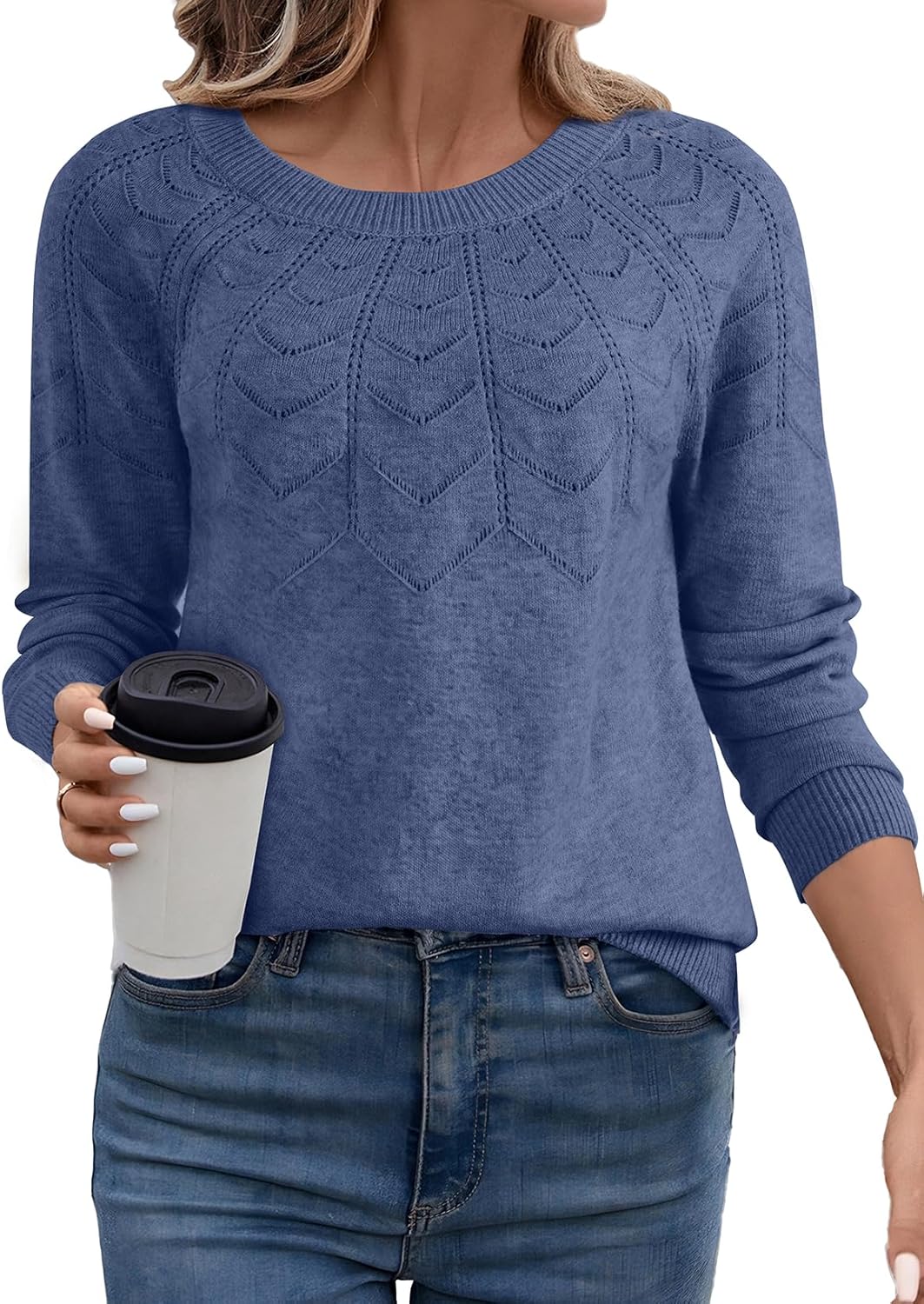 SHEWIN Sweaters for Women Crochet Long Sleeve Crew Neck Sweater Lightweight Shirts Tops Fall Fashion 2025