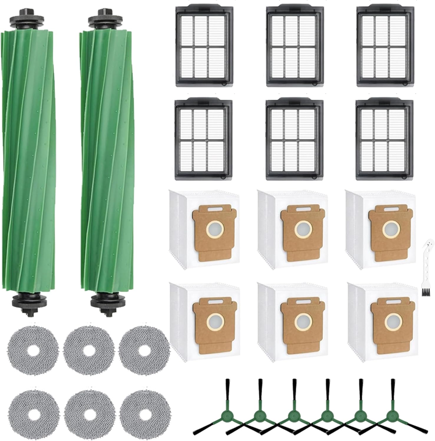 Replacement Parts Compatible with Combo 405/505, 24-Piece Set with 2 Roller Brushes, 6 Dust Bags, 6 Side Brushes, 6 Filters & 6 Mopping Pads