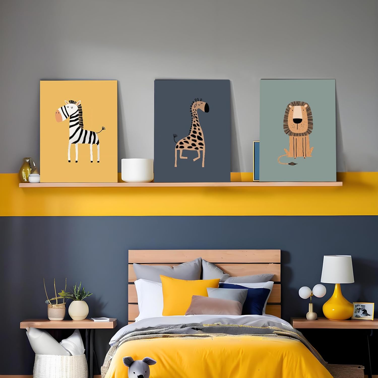 Kids Room 3Pcs Framed Giraffe Lion Zebra Wildlife Jungle Artwork Wall Art Decor Canvas Print Wall Painting Poster Cute Cartoon Gallery Baby Bedroom Playroom Nursery Decor 12x16 Inch Ready to Hang