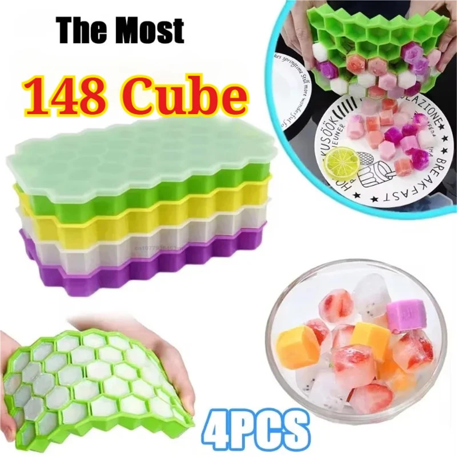 Molde Hielo Bandeja For Cubitos De Hielo 148 Rejillas Con Tapa Silicona For Refrigerador, Apta For Moldes Pequeños, Fácil Desmoldar Y For Clasificar