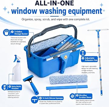 Professional Window Cleaning Kit with 76 Pole,Bucket 3 Gallon,Streak-Free