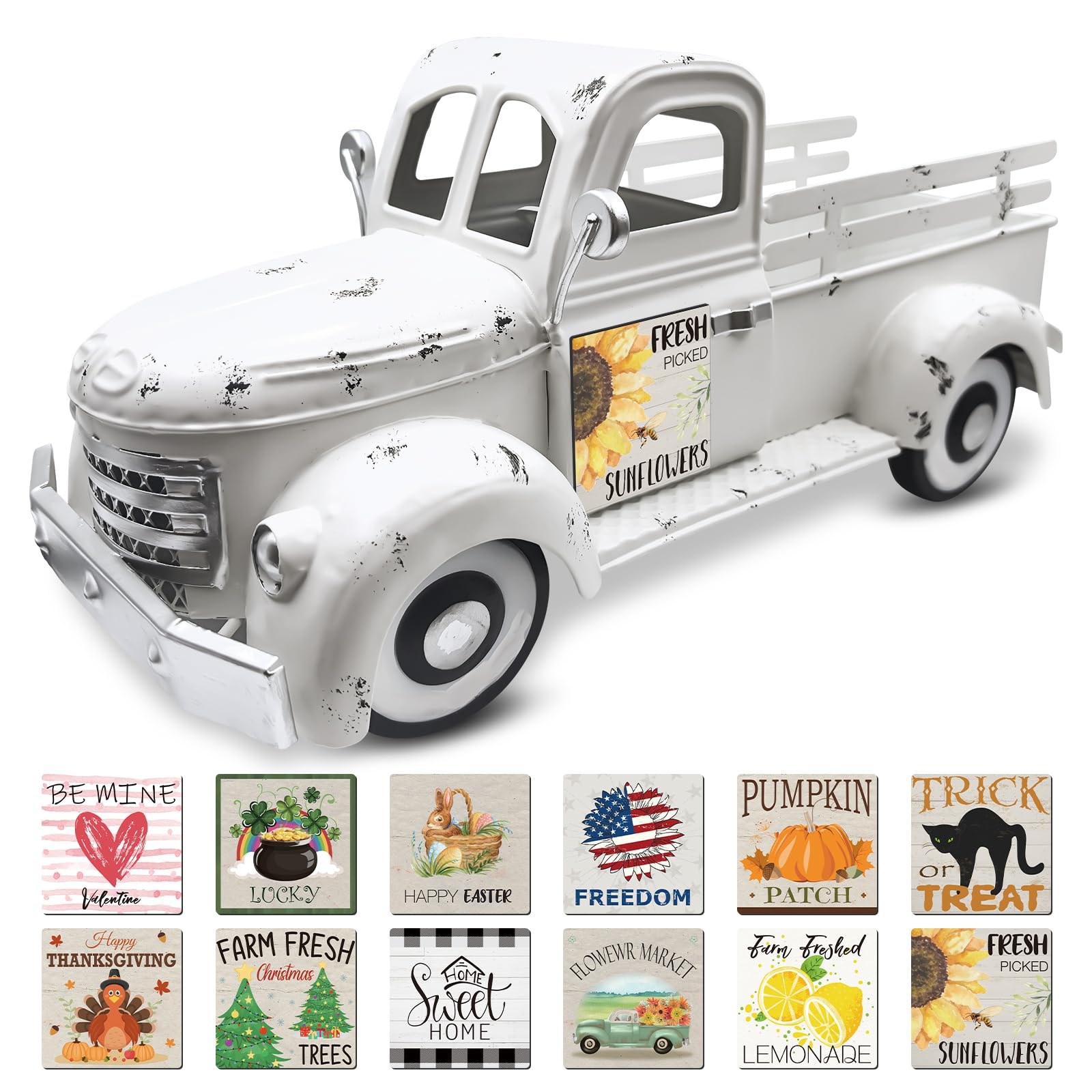 Sunflower Decor 13.4 Inch Vintage White Farmhouse Truck with 12 Magnets Sunflower Kitchen Summer Decorations for Home Shelf Office Metal Pickup Interchangeable Seasonal Decor Garden Truck Planter