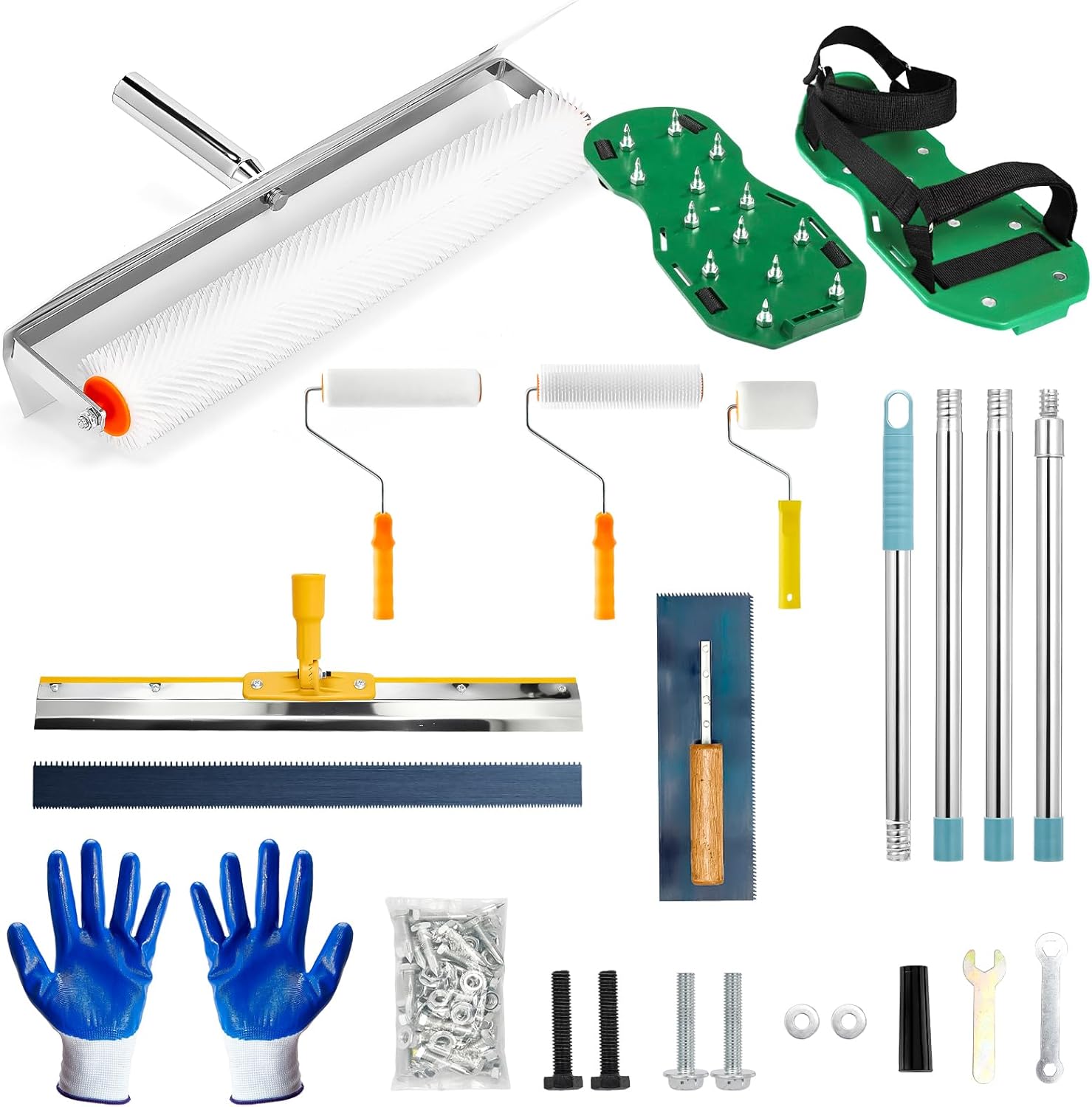 Self Leveling Concrete Tools, Rocfinity Spiked Roller for Self Leveling with Adjustable 6.6ft Pole, Floor Paint Coating Epoxy Spike Shoes, Garage Floor Epoxy Kit with Cement Leveling Rake