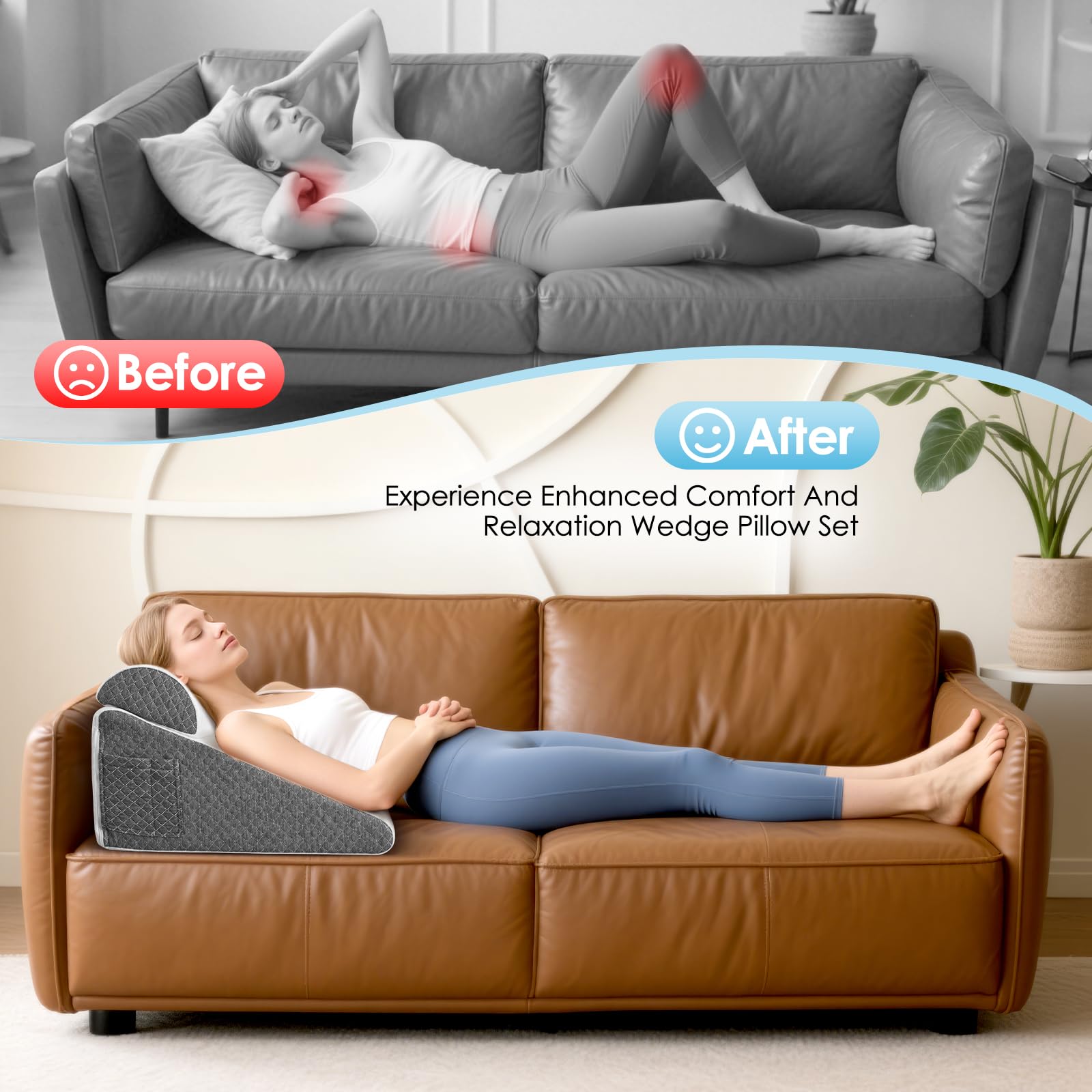 Cuscino a Cuneo per Letto 2pcs, Cuscino Antireflusso Adulti, Cuscino Triangolare Regolabile, Ergonomico per Apnea Notturna, Reflusso Acido, Elevazione Gambe, Memory Foam 25D