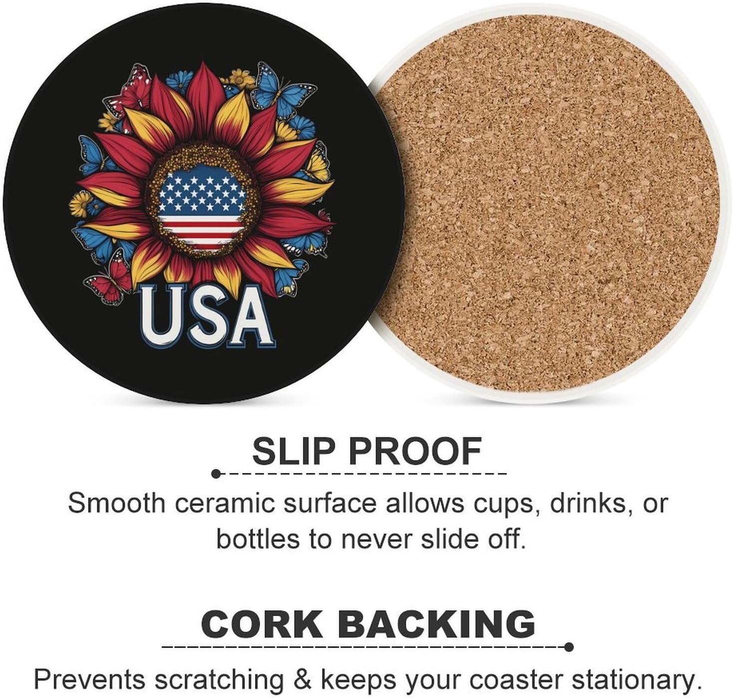 Sunflowers U.S. Flag Round Ceramic Coasters Print Drinks Absorbent with Cork Base for Home Decor Gifts 4 Inch