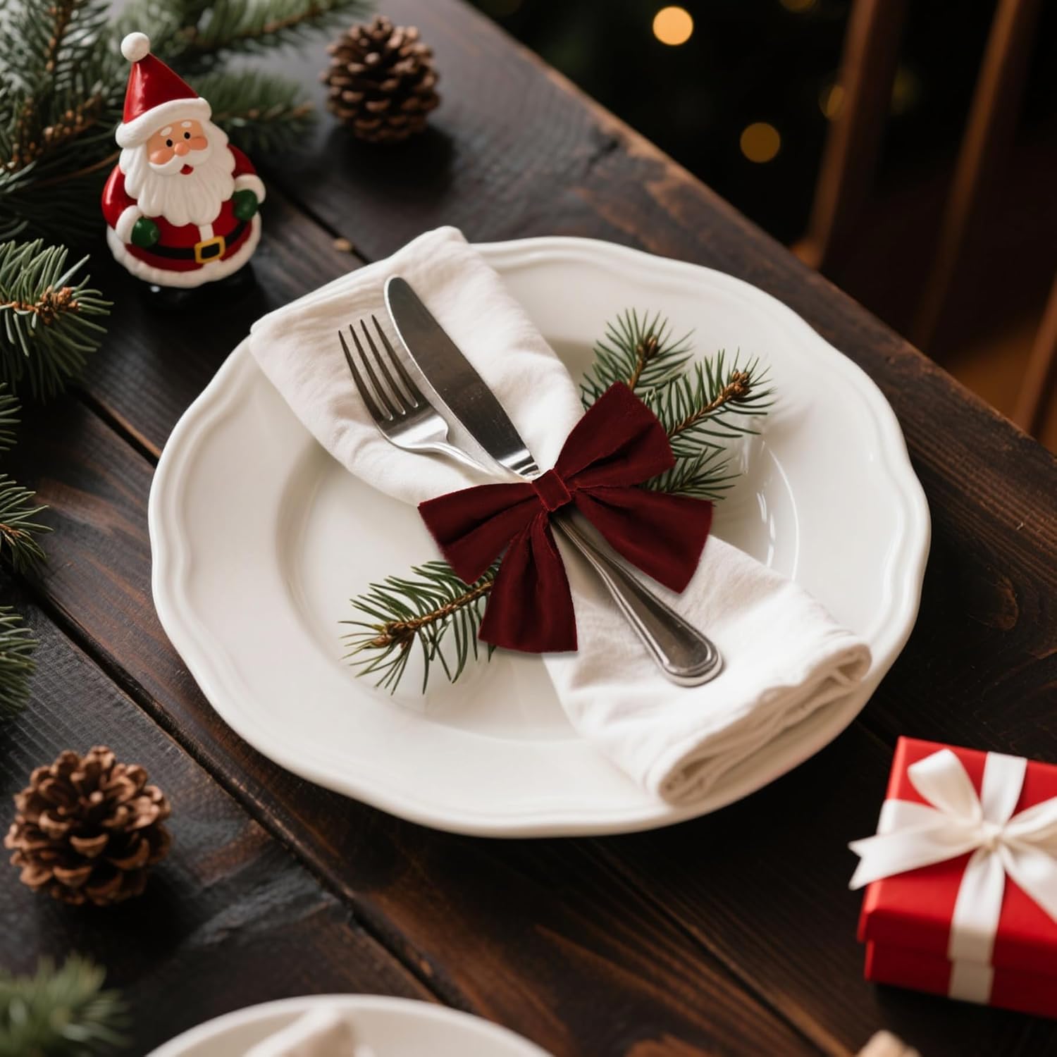 12 Pcs Burgundy Christmas Bow Napkin Rings,Chic Xmas Velvet Napkin Ring Holders for Holiday Serviette Birthday Anniversary Party Dinner Wedding Dining Tableware Decoration