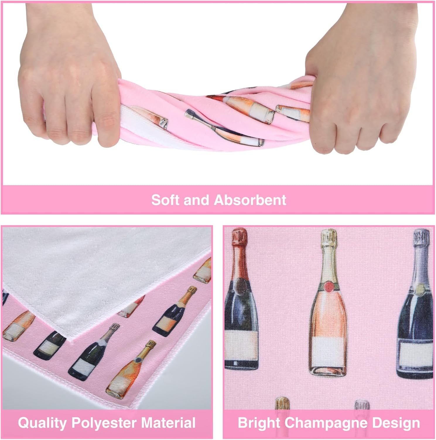 4 Pcs Champagne Hand Towels Wine Lover Gifts Champagne Towels for Kitchen Bathroom Bar Cart Accessories Bachelorettes Coquette Pink Decor Cocktail Wine Hostess Gifts for Women Girls - Image 3