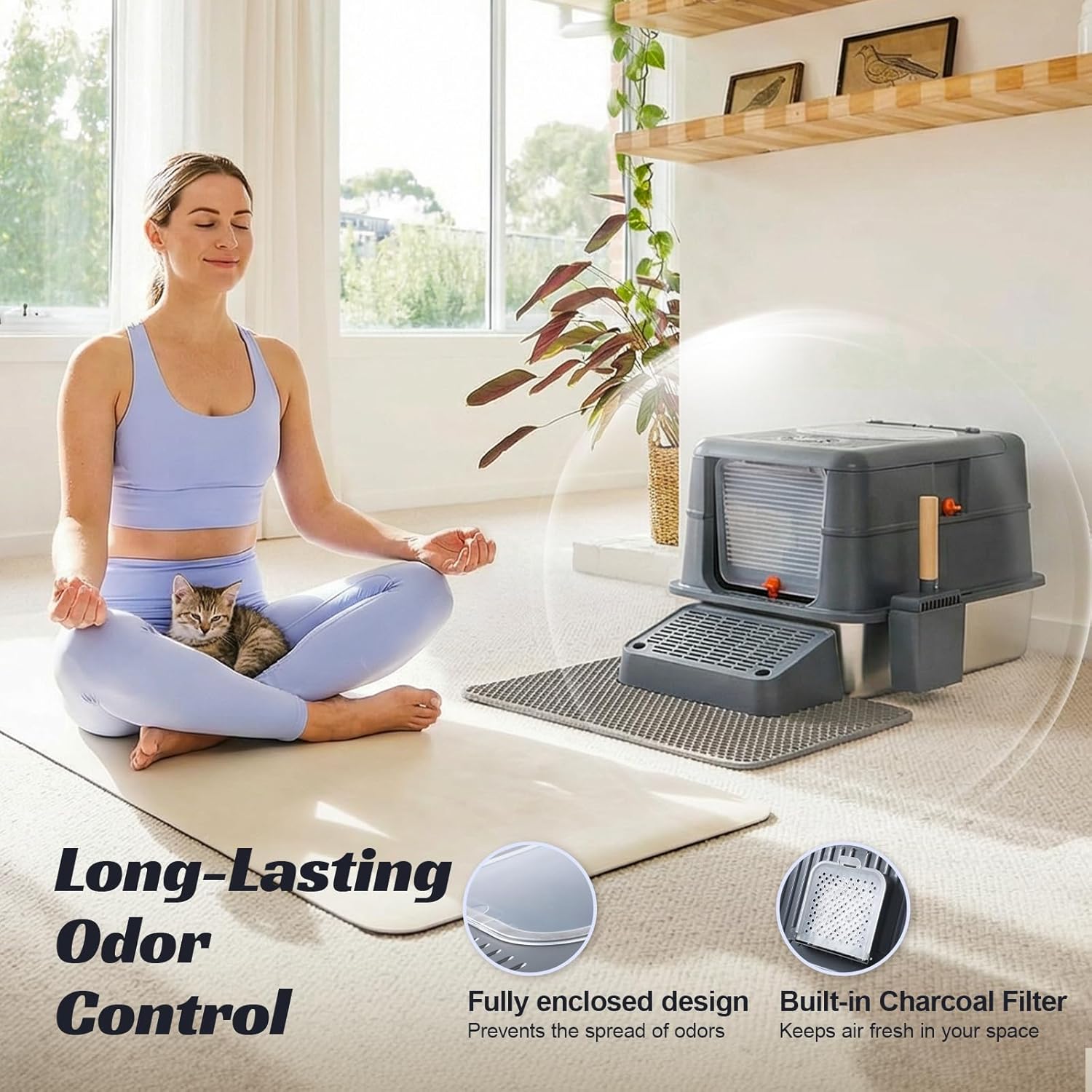 Stainless Steel Litter Box with Lid, Front Entry Top Exit Cat Litter Box, Extra Large High Sided Enclosed Metal Litter Box with Scoop, Pedal & Litter Mat, Grey