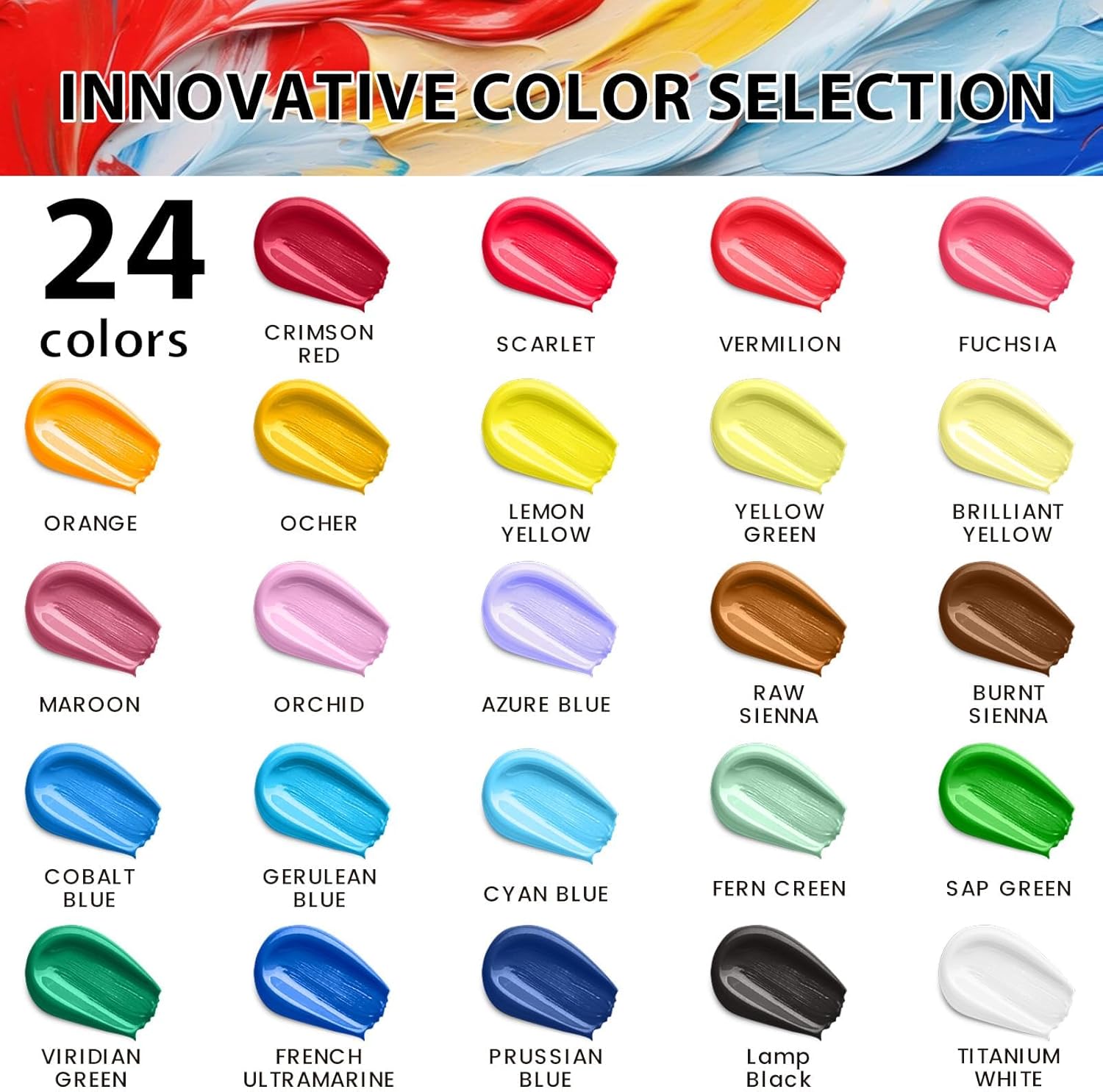 40 Pcs Acrylic Paint Set - 24 Colors (2oz/60ml) with 12 Brushes, 2 Knives & Palette - Rich Pigments for Adult, Artists & Beginners - Painting on Halloween Pumpkin Canvas Ceramic Rock Wood