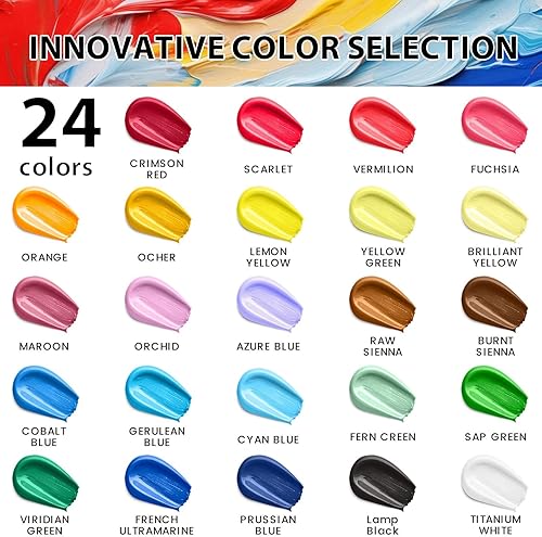 Miniatura 7 de Juego de 40 piezas de pintura acrílica con 12 pinceles, 2 cuchillos y paleta, 24 colores (2 oz2.0 fl oz), pinturas artísticas, regalos para adultos,