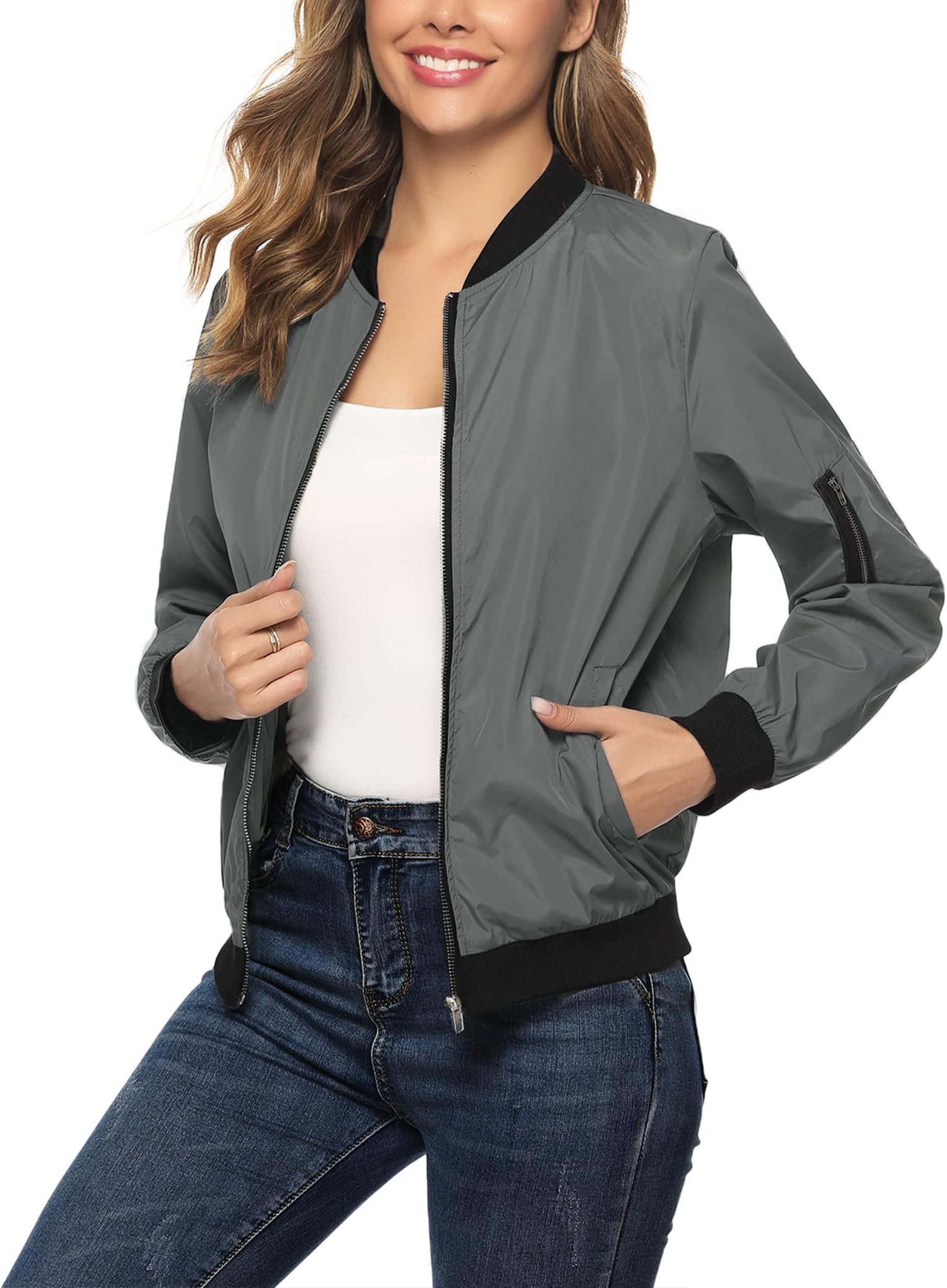 Aottori Women Bomber Jacket Lightweight Zip Up Softshell Flight Jacket Coats Ladies Casual Stand Collar Windbreaker Classic Outwear with Pockets