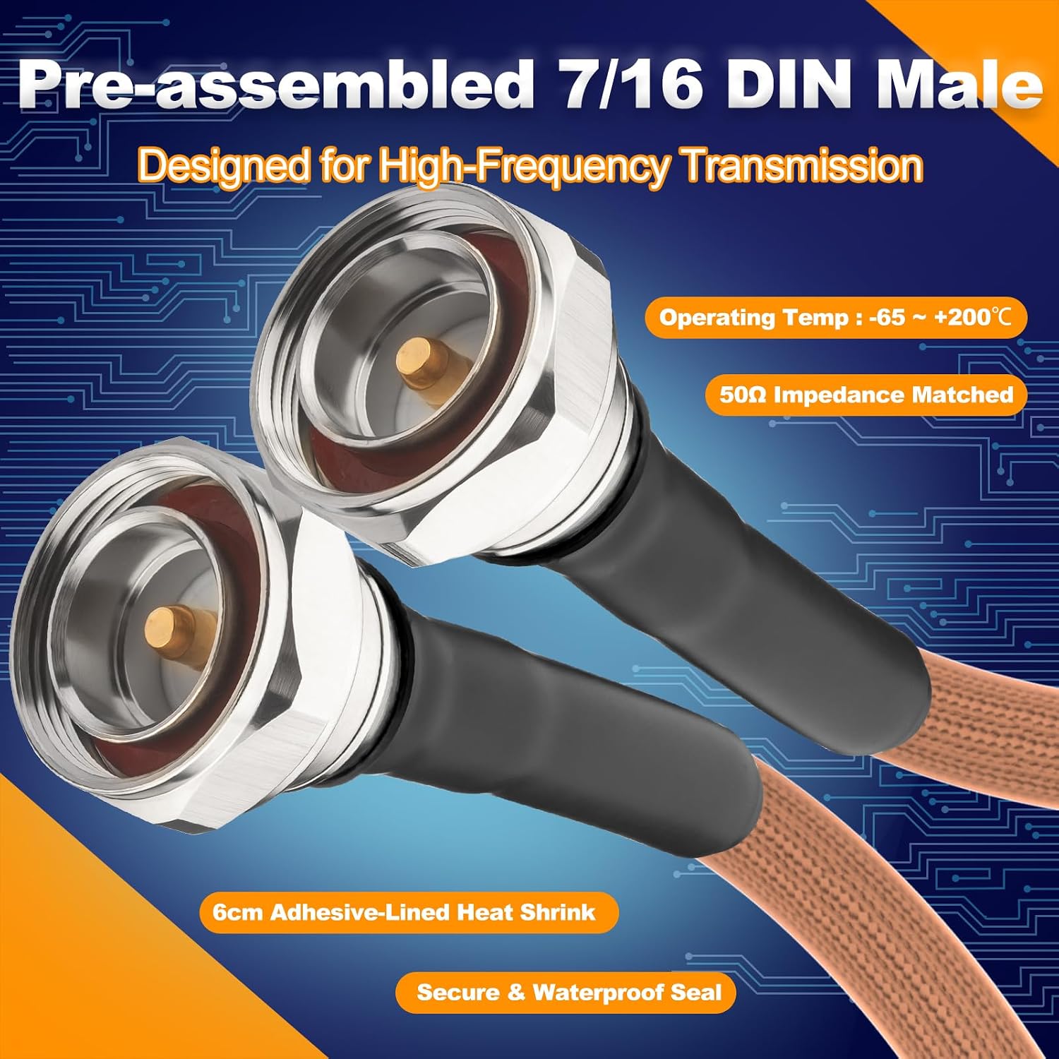 onelinkmore 7/16 DIN Male to Male Coaxial Cable, High Power RG393 50 Ohm RF Jumper, Low PIM Double-Shielded Silver-Plated Jumper, Heat-Resistant FEP Jacket for 5G Base Station, Antennas, 1M (3.3ft)