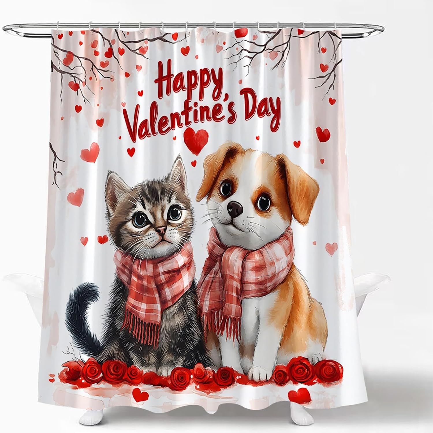 Valentine's Heart Shower Curtain Cute Cat Dog Red Falling Heart Romantic Rose Flower Sweet Love Modern Funny Puppy Kitten Pet Lover Fabric Bathroom Curtain with Hook image 3