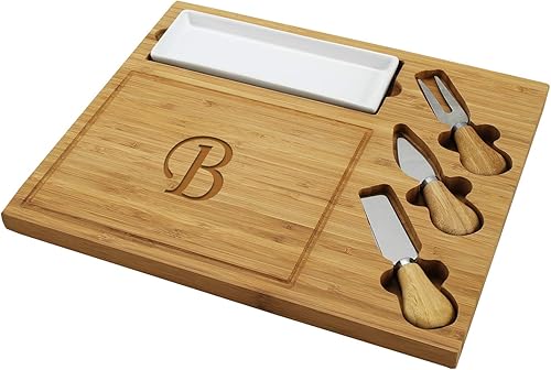 Miniatura 22 de Picnic at Ascot - Tabla de quesos de bambú grabada, personalizada, con 3 cuchillos de queso, plato de cerámica y marcadores de queso, diseño y letra