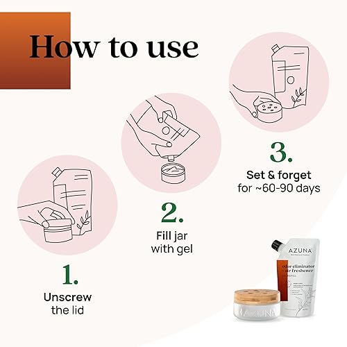 Miniatura 69 de Azuna Ambientador y gel eliminador de olores, kit de 4 habitaciones, incluye (4) frascos de vidrio vacíos de lujo de 8 onzas y 24 onzas de repuesto