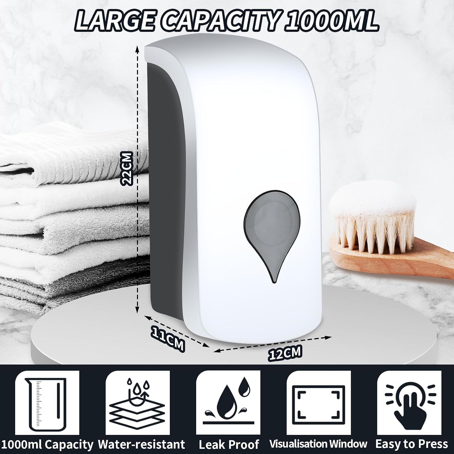 1000ML Soap Dispenser, Wall Mounted Liquid Soap Dispenser, Manual Gel Liquid Shampoo Detergent Container for Bathroom Kitchen Hotel School Office USE HAND SANITISER Sign Stickers (White)