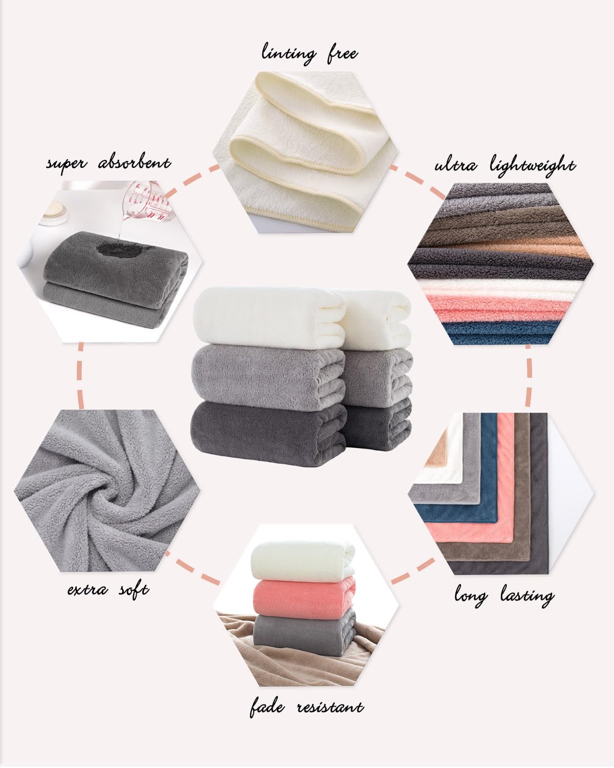 Towels 6 Piece Multicolour Soft Microfiber Bath Towel Set Incredibly Absorbent Lightweight Quick Dry and Durable, 55" L x 27" W, 6 Pack White Dark Light Grey 3-colours B6 6 Bath Towels