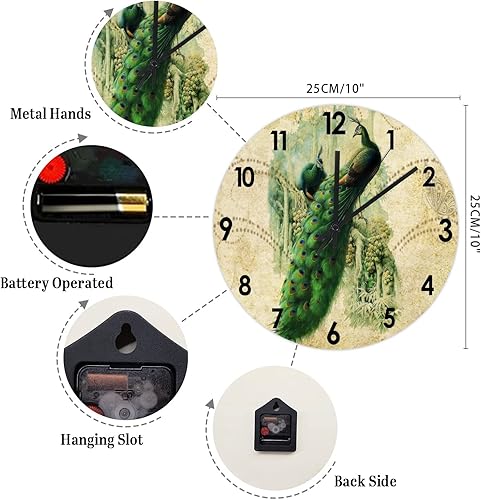 Miniatura 2 de Reloj de pared con dos pavos reales verdes, colorido pavo real, de PVC, reloj de pared de 10 pulgadas, reloj rústico de granja, silencioso, funciona