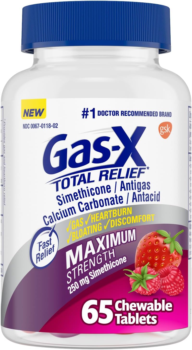- Total Relief Chewable Tablets with Maximum Strength Gas Relief Simethicone 250 mg and Heartburn Relief Calcium Carbonate 750 mg, Bloating Relief, Mixed Berries - 65 Count
