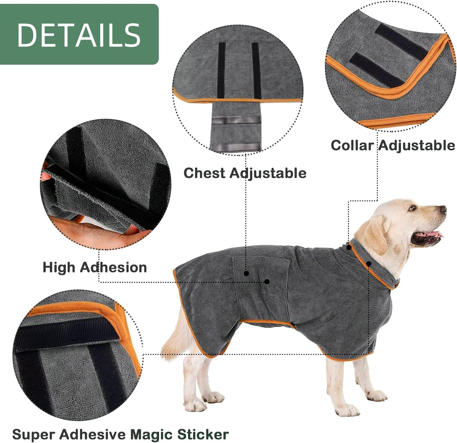 Grey Dog Towel Drying Coat Absorbent Pet Coat Bathrobe Wet Robe for Medium Large Dogs Soft Microfiber Towel Wrap Quick Dry Dressing Gown Perfect for Bath Swims Muddy (M for Dogs back length 45-55cm) - Image 3