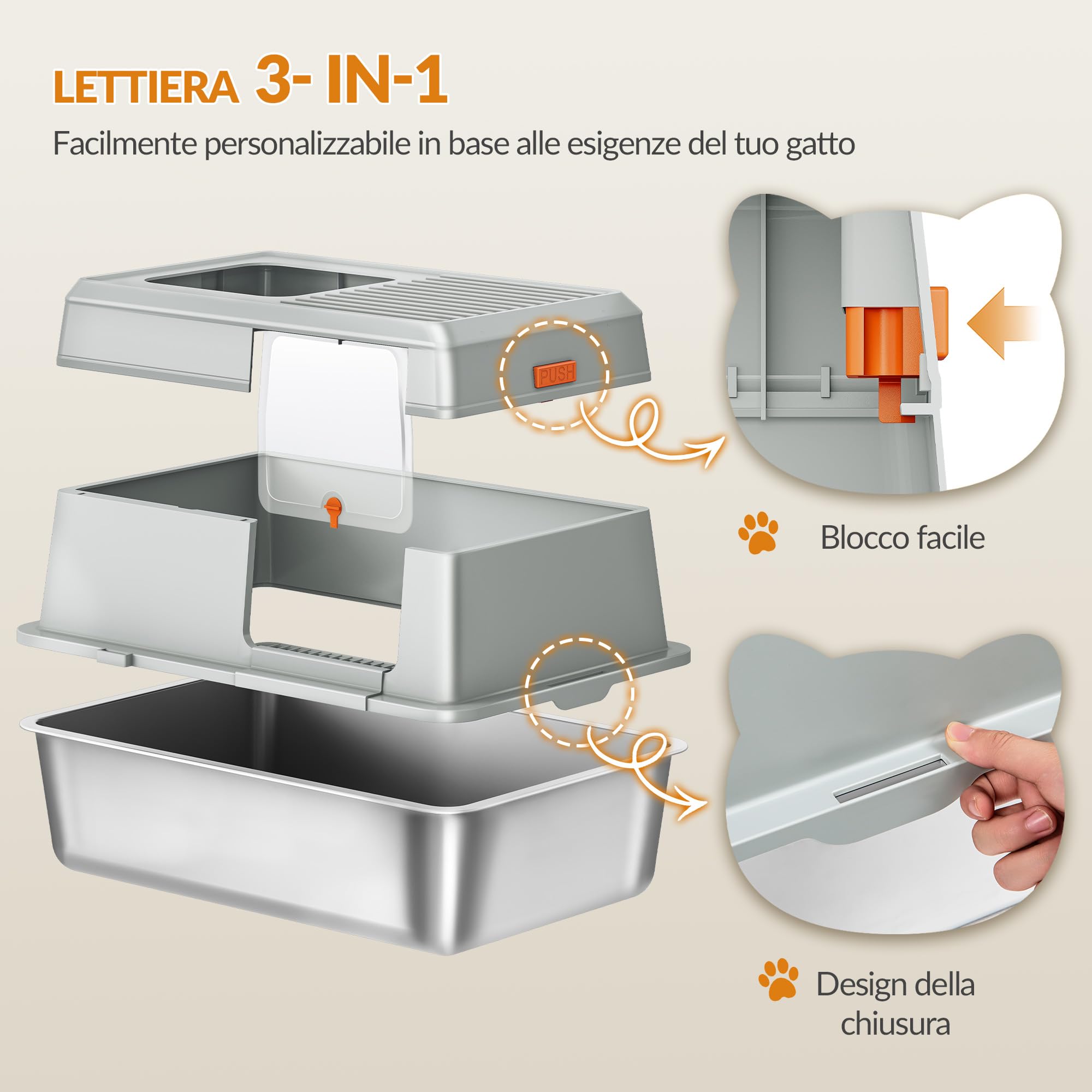 Lettiera Acciaio Inox Chiusa con Coperchio, Lettiera Acciaio Inox XXL Gatto, con Pedana e Paletta, Facile da Pulire, Doppio Ingresso, Rimovibile, 60 x 40 x 38 cm, Grigio Chiaro, FPLB204SG1