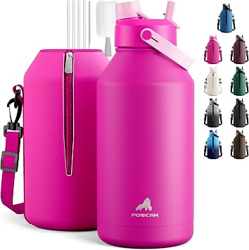POWCAN 64 oz Insulated Metal Water Bottle for Women 2-in-1 Straw & Spout Lid, Keep Cold 48H, Leakproof, Carrier Bag, Half Gallon Stainless Steel Water Bottle for Sports, Travel, and Fitness Peony