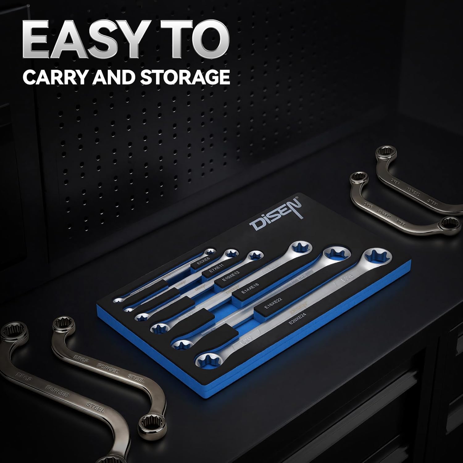 DISEN 6-Piece E-Torx Wrench Set, Double Box End Wrench Set, CR-V Steel, Spanner Set Including E6*E8, E7*E11,E10*E12, E14*E18, E16*E22 and E20*E24
